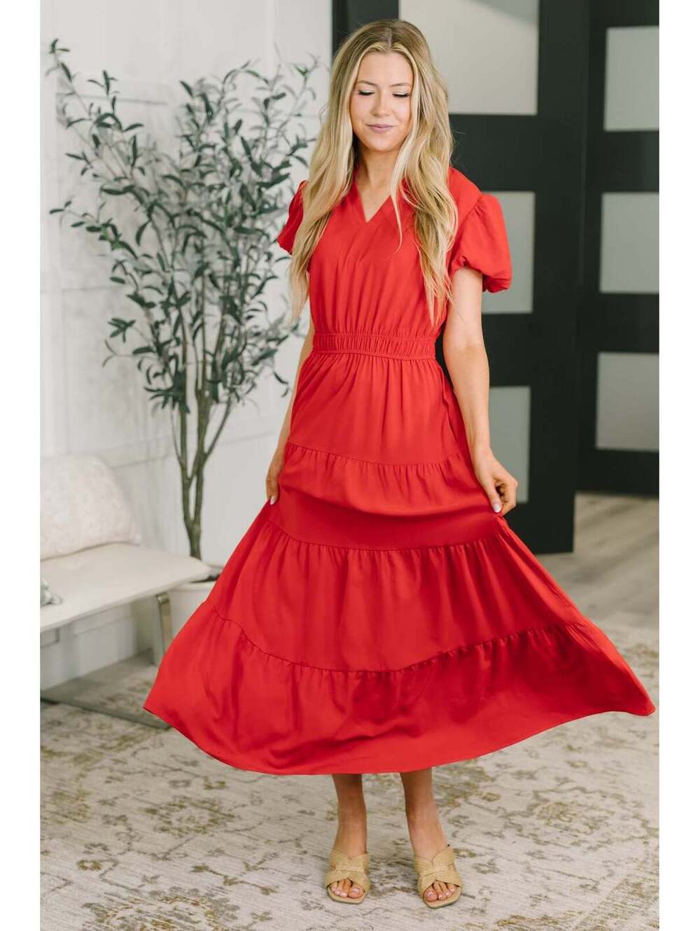 Keep You Coming Balloon Sleeve Tiered Dress in Red